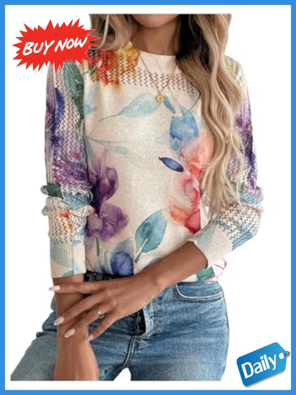 Women's Floral Sweater Hollow Out Knit Pullover Long Sleeve Top